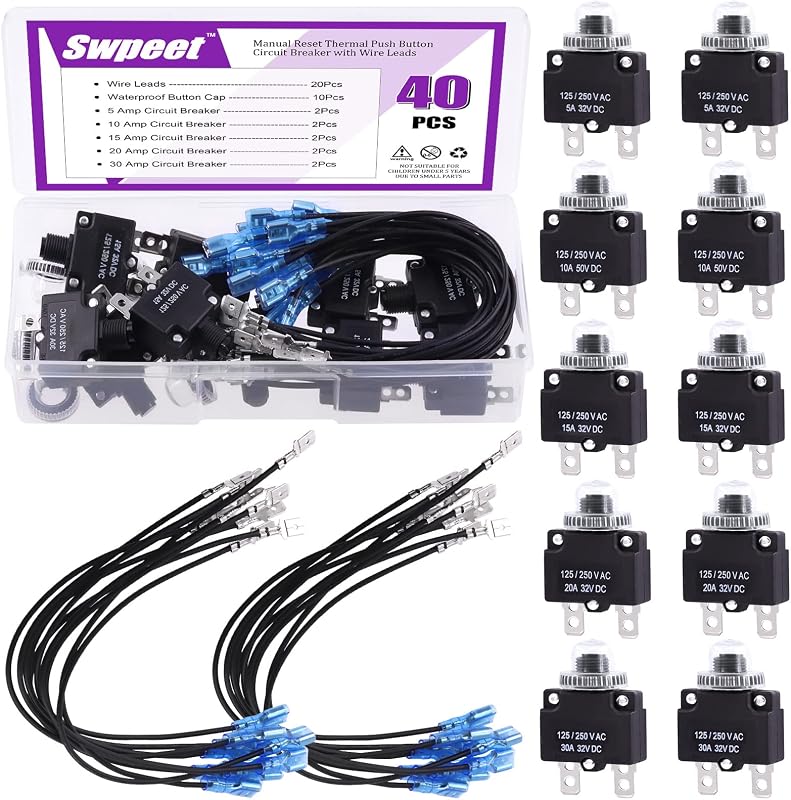 40Pcs 5Amp 10Amp 15Amp 20Amp 30Amp Thermal Circuit Breaker with 19cm Wire Leads 6.3mm Female Spade Terminals and Waterproof Button Caps Kit, Waterproof Circuit Breaker 32V DC 125/250VAC 50/60Hz