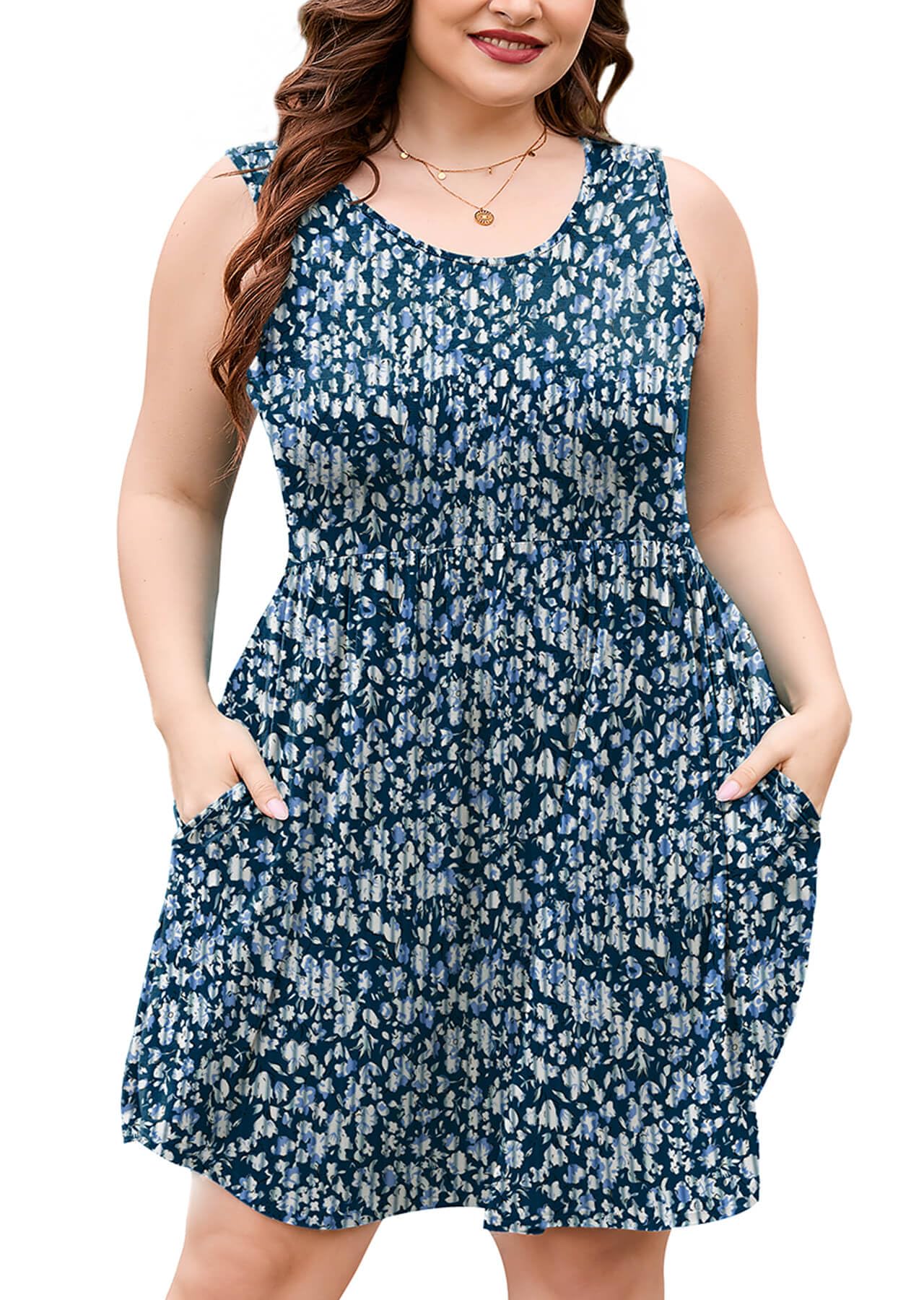AusLook Plus Size Summer Tank Dress for Women Casual Sleeveless Crewneck Pleated Babydoll Swing Sundresses with Pockets 1X-5X