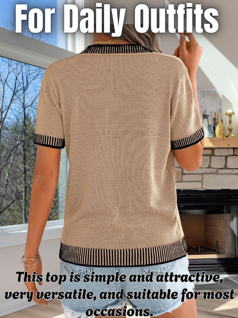 Kaei&Shi Striped Top,Short Sleeve Summer Sweaters for Women Lightweight,Dressy Casual Teacher Work Knit Tops - Image 3