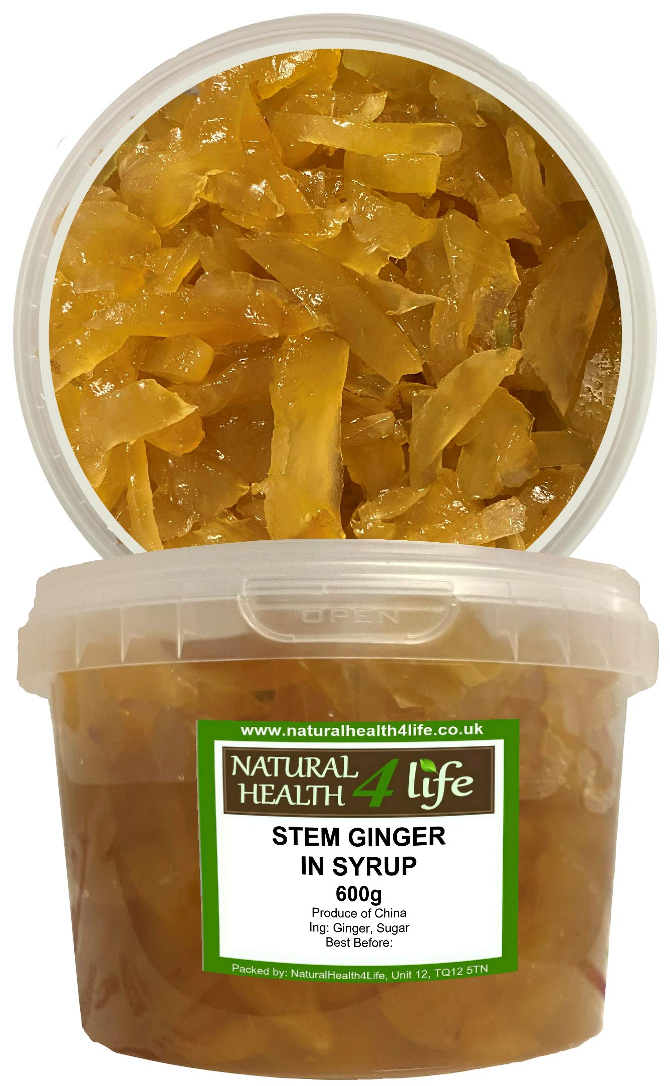 Natural Health 4 Life Stem Ginger Pieces in Syrup 500g – Sweet & Spicy Chinese Ginger in Syrup for Baking, Cooking, Desserts – Recyclable Kraft Tub (1 Tub)