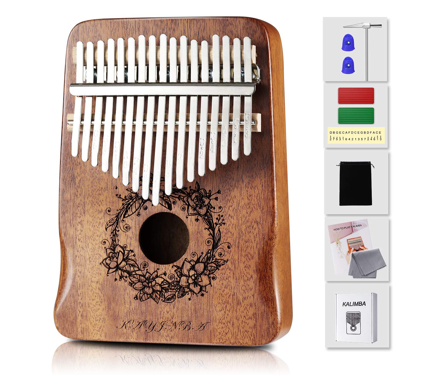 Kalimba Daumenklavier mit 17 Tasten, Mahagoni, tragbar, Mbira Sanza, Musikliebhaber, Geschenk für Kinder, Anfänger, mit Stimmhammer, Klaviertasche, Lernanleitung (natürlich)