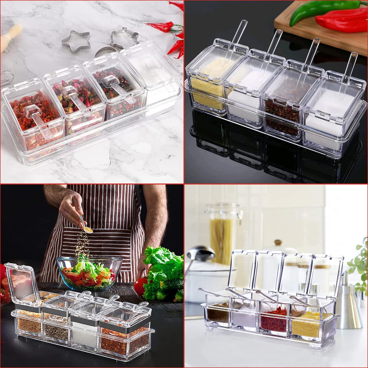 Assaisonnement Box Pot à Epices en Plastique Boite a Epices Cuisine avec Cuillere 4 en 1 pour Camping Rangement de Condiments Sucre Sel Poivre Épices