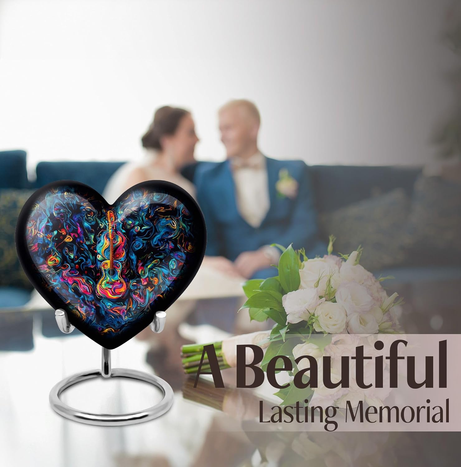 Guitar Urn - Heart Keepsake - Metal Keepsake Cremation Urn - Metal Cremation Container - 3 Inch - Pack of 1 - Cremation Urn for Adults - Small Metal Ashes Urn - Urns for Burial - Funeral Urn Ashes