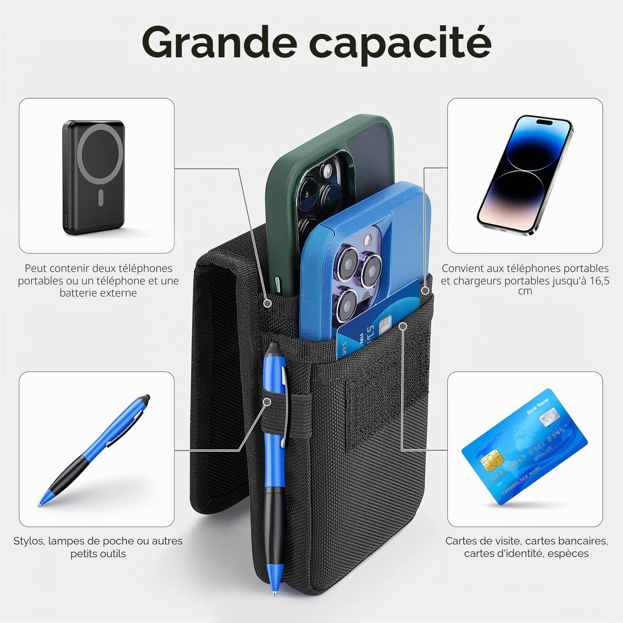 Gcepls Étui de téléphone portable double pour homme, grand sac banane en nylon pour 2 smartphones, avec passant de ceinture, pour iPhone (16, 15, 14, 13, 12, 11) Pro Max/Plus, Samsung Galaxy (S24,