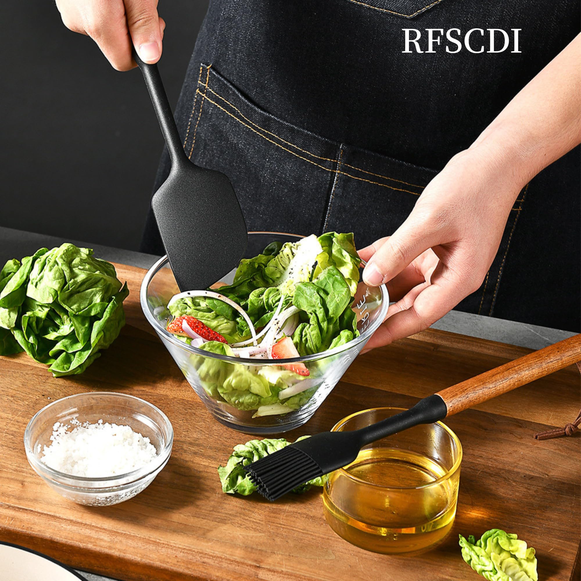 Squisito set di utensili da cucina in silicone, atossici, resistenti al calore, con manici in silicone per uso alimentare e legno, include spatola e cucchiaio per pentole antiaderenti, nero