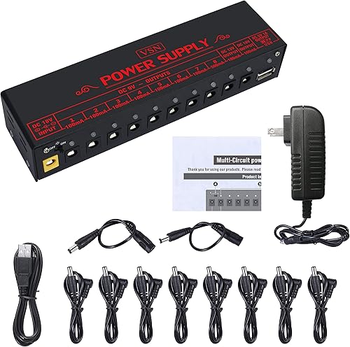 VSN Fuente de alimentación de pedal de guitarra, 10 salidas de CC aisladas para fuente de alimentación 9V12V18V DC y puerto de carga USB con