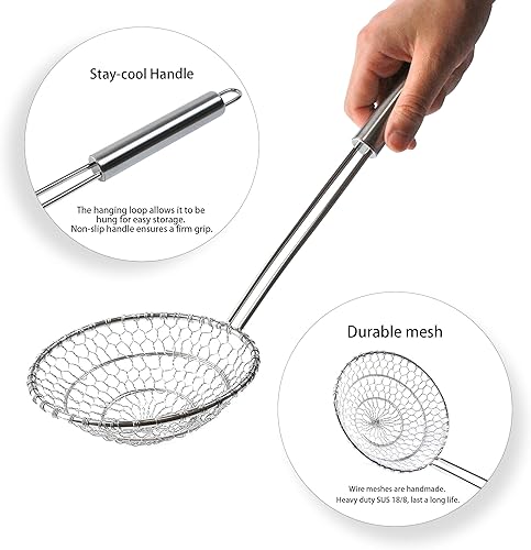 Miniatura 3 de Colador de araña de acero inoxidable, colador de malla de cocina asiática, colador de wok de alambre para cocina, cesta de skimmer de 7 pulgadas,
