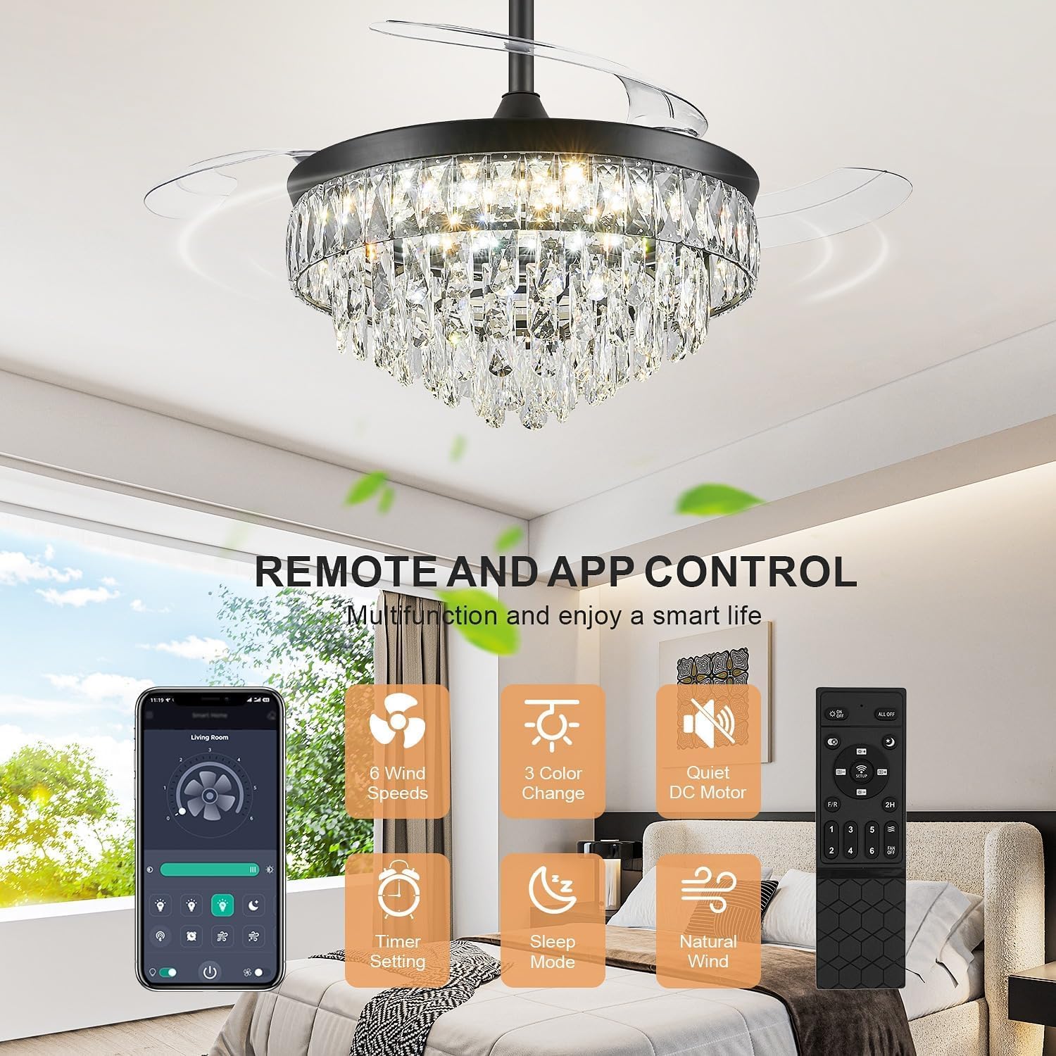 48 Inch Chandelier Ceiling Fan with Lights, Retractable Fan with Remote and APP, Crystal Fandelier Ceiling Fan, Dimmable LED, Reversible Motor, Quiet for Bedroom Living Room-Black