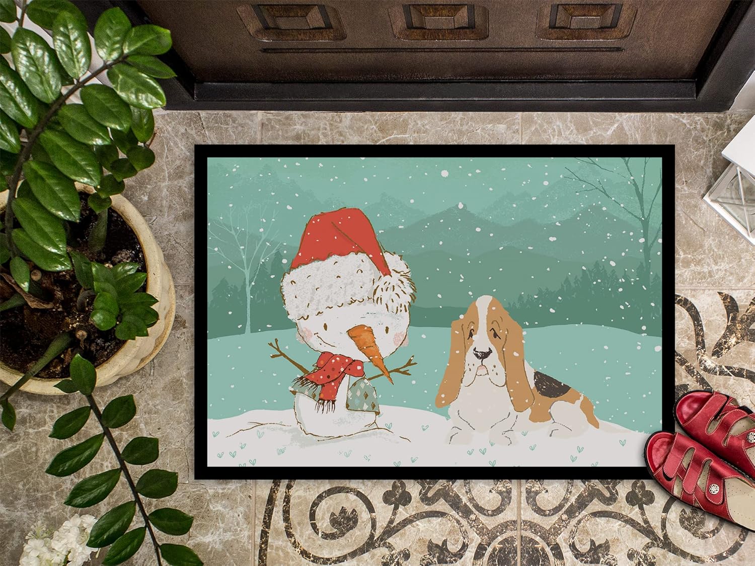 Caroline's Treasures CK2051JMAT Basset Hound Snowman Christmas Doormat 24x36 Front Door Mat Indoor Outdoor Rugs for Entryway, Non Slip Washable Low Pile, 24H X 36W