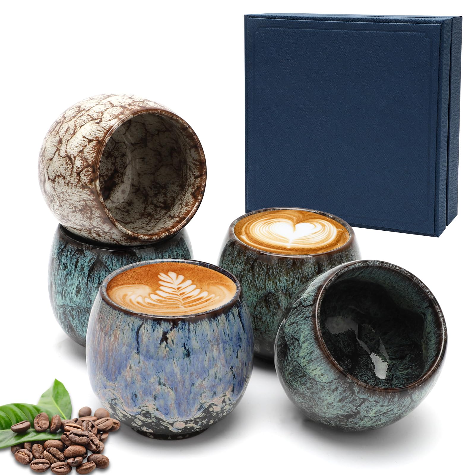 Set di tazze da caffè, 5 pezzi, 110 ml, mini tazze da caffè senza manico, in ceramica, piccole tazze da caffè, mini espresso, regalo di compleanno per donne e uomini