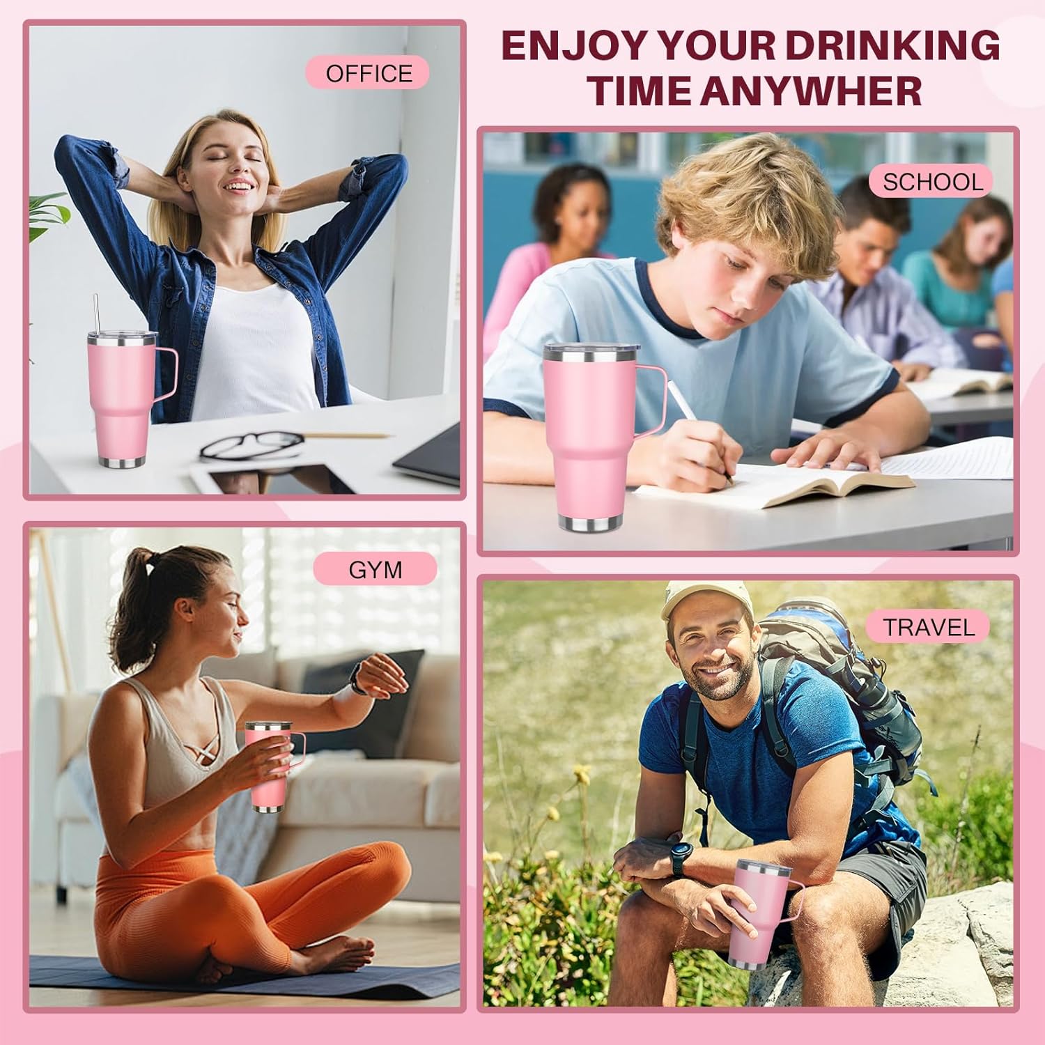 30 oz Stainless Steel Tumbler with Handle, Double Wall Vacuum Insulated Coffee Mug Tumbler with Lid and Straw, Thermal Cup for Cold and Hot (Pink) - Image 7