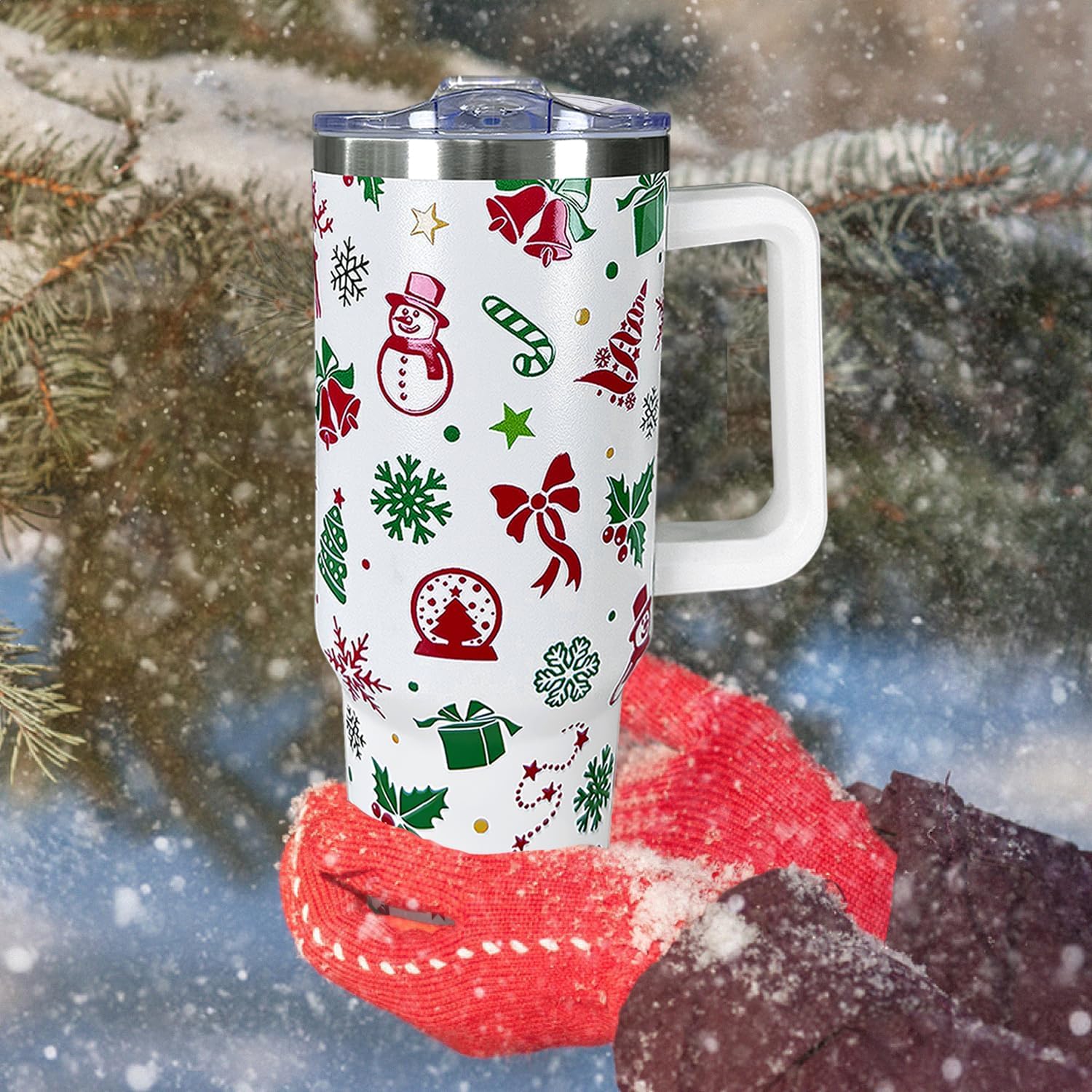 40 oz Christmas Tumbler With Handle Lid and Straw,5D Snowman Snowflake Elk Print Stainless Steel Insulated Travel Mug Xmas Coffee Cup Gifts for Men Women - Image 2