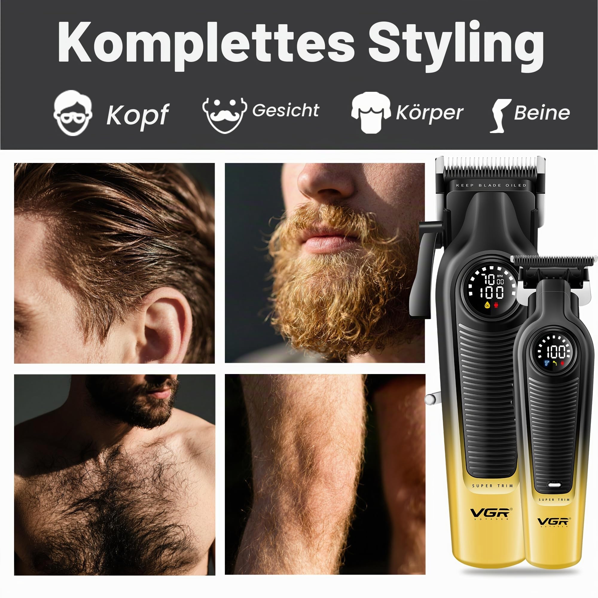 VGR 196 & 996 Haarschneidemaschine Set Profi mit 10 Führungskämme, 1 Kamm | Kabelloses Friseur Set mit Keramisch Titanbeschichteter Klinge, Harrschneidermaschine Herren Profi mit LED Display