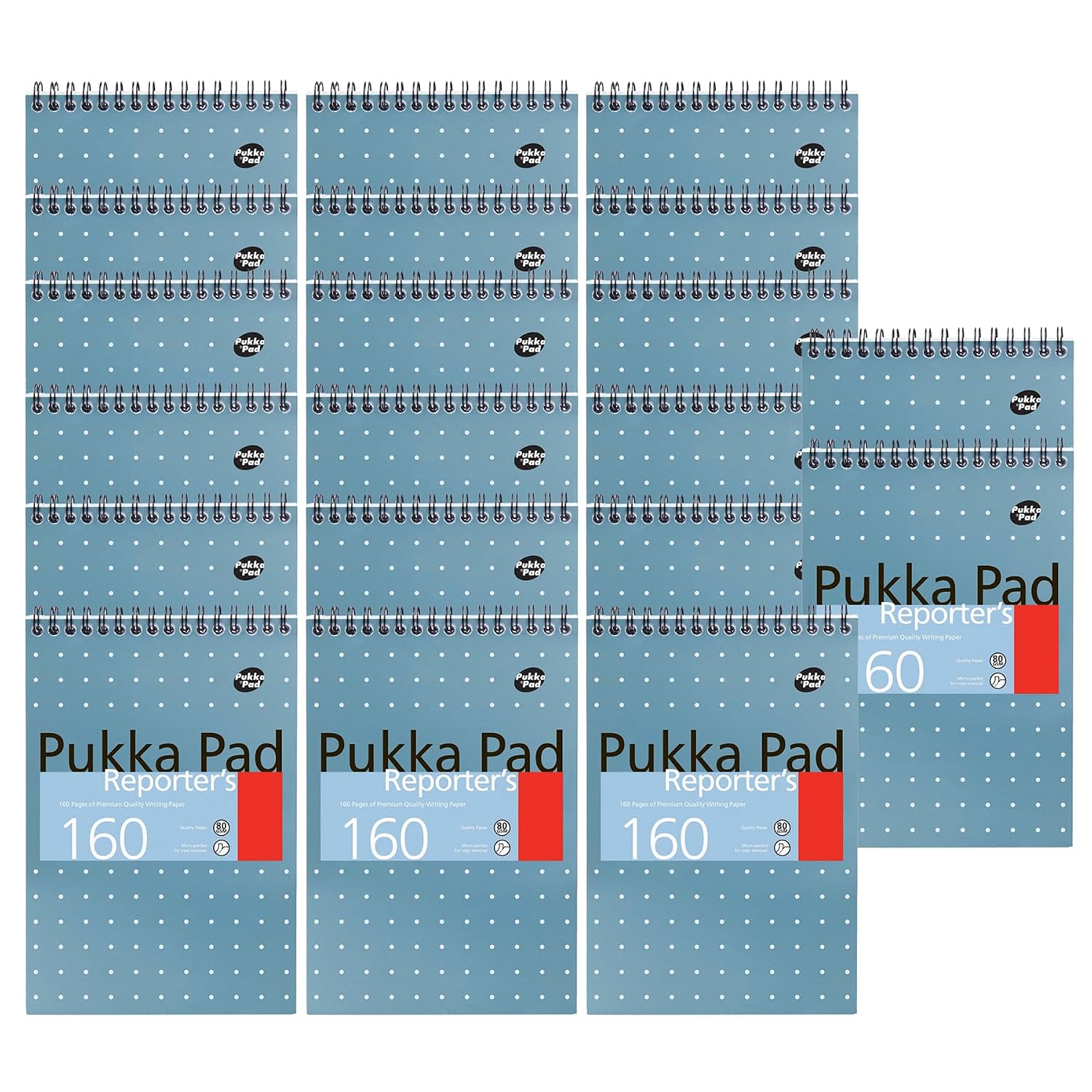 DLM Direct Pukka Pad Reporter's Notepad - Metallic Blue 80gsm Paper Notebook, 160 Pages College Ruled Writing Pad, Perforated Tear Out Sheets Note Pad for Office, School & Study Notes | Pack of 4