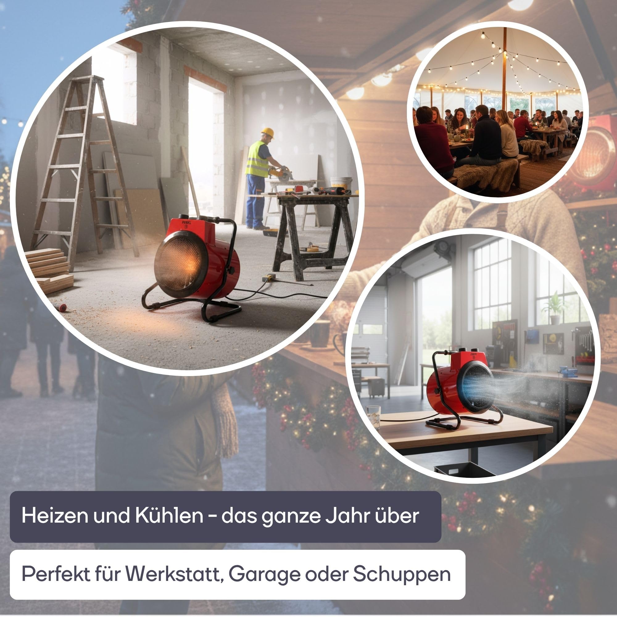 Perel Elektrischer Heizlüfter 3000W, 2 Heizstufen, Thermostat und Kühlfunktion, IP24, Überhitzungs- und Kippschutz, kompakter tragbarer Heizstrahler für Werkstatt, Garage oder Schuppen