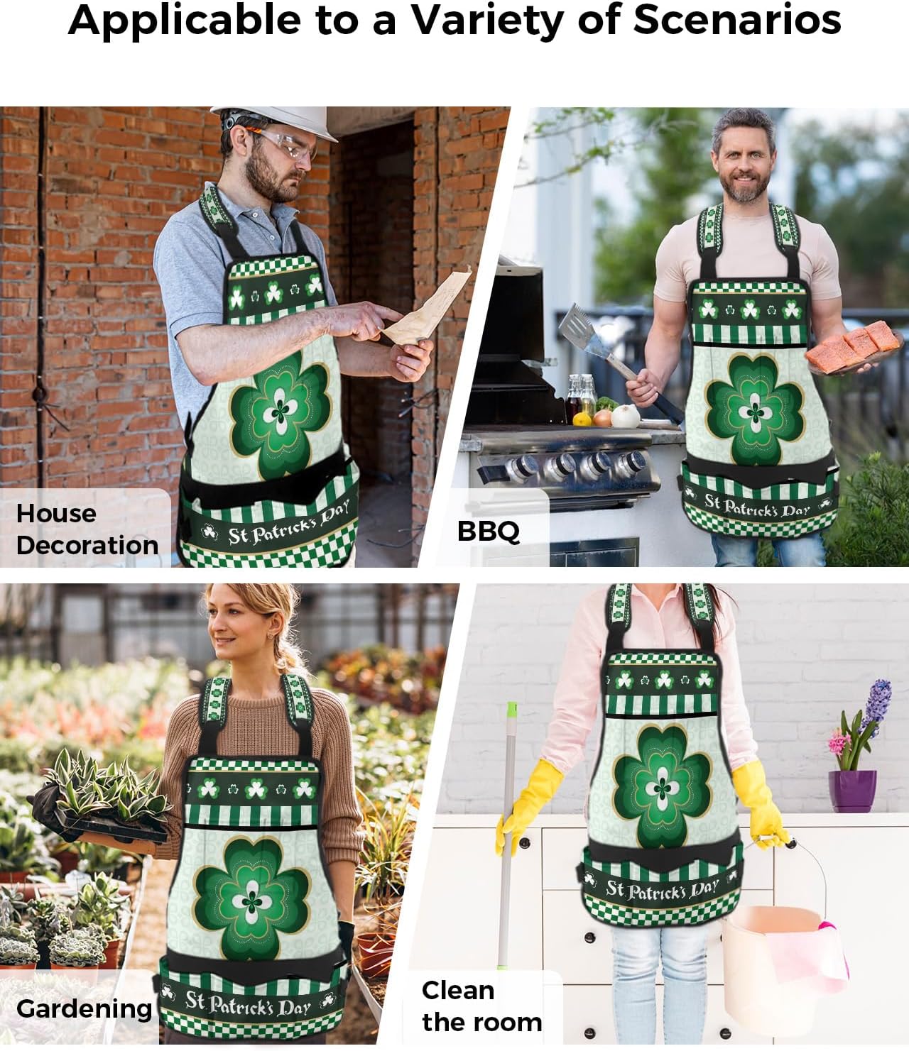 Work Apron for Men Adjustable Woodworking Apron Oxford Apron St. Patrick's Day Lucky Clover on Green Grid Tool Apron