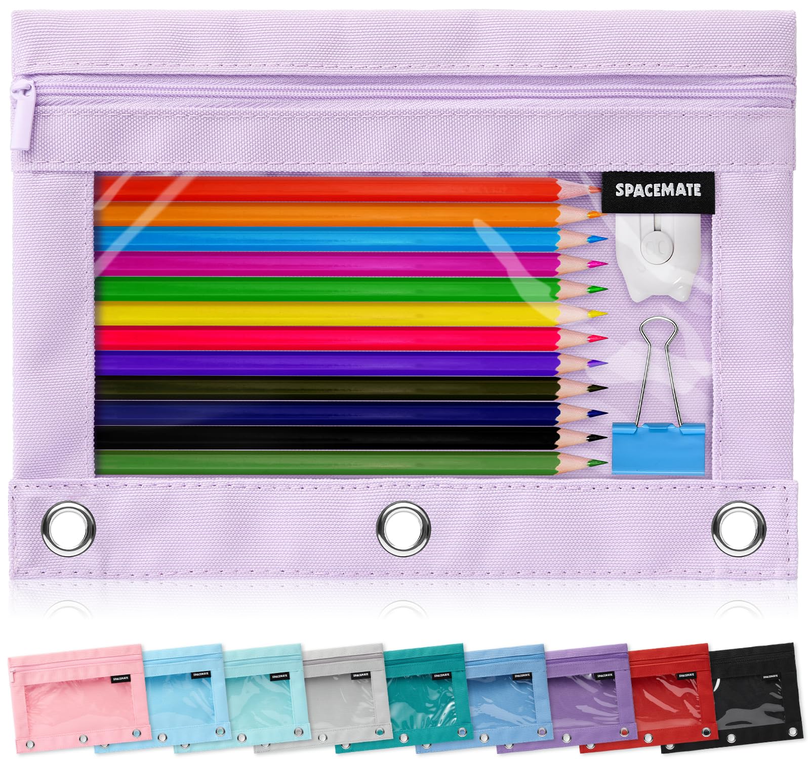 SPACEMATE Pencil Pouch for 3 Ring Binder, Clear 3-Hole Zipper Pencil Case