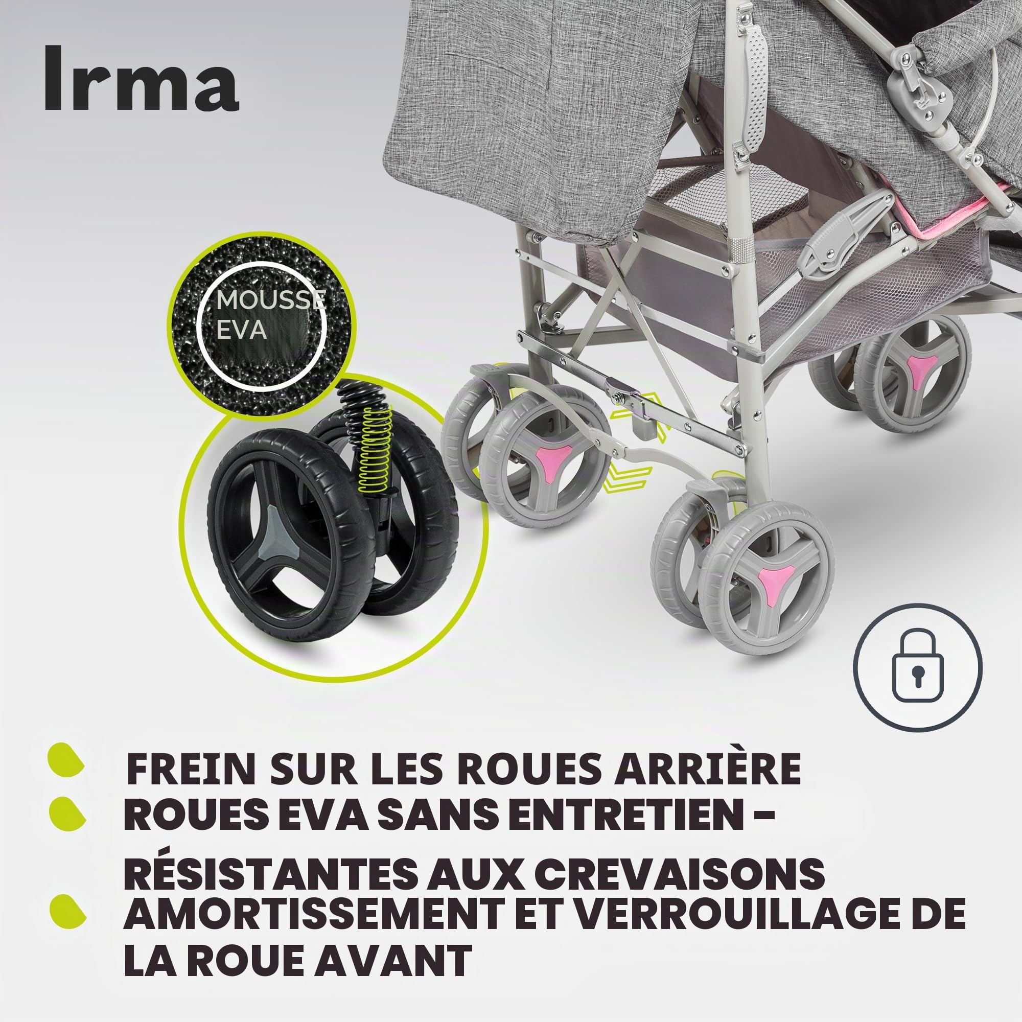 LIONELO Poussette IRMA légère et pliable pour bébé jusqu'à 3 ans, fonction allongée, harnais à 5 points, grandes roues de 15,2 cm, moustiquaire, grand panier et capot, poignées rotatives, poussette
