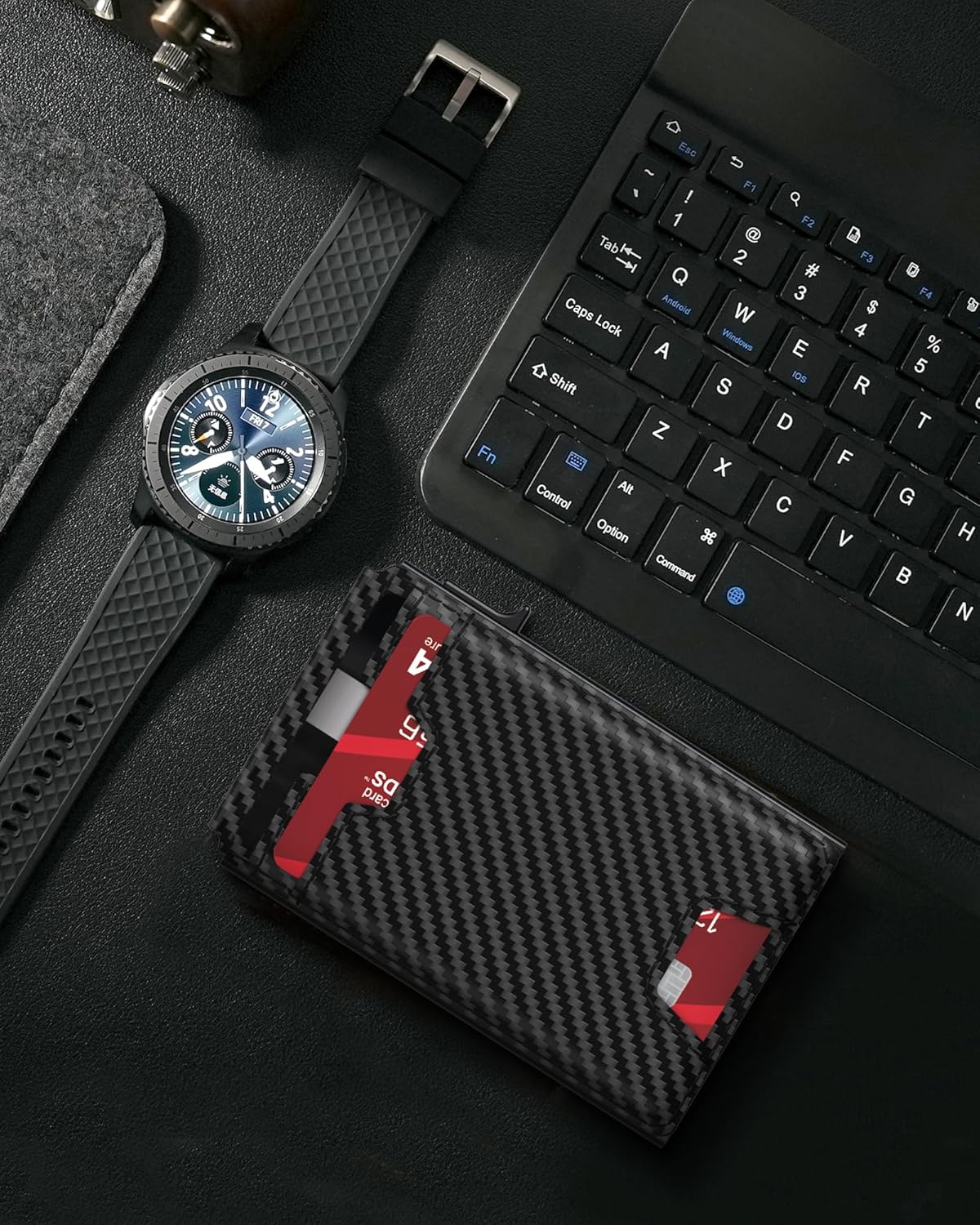 typecase Mens Wallet Card Holder: Pop Up Card Case, Genuine Leather, RFID Blocking, Smart, Slim, Minimalist, Thin - 13 Card Capacitiy, ID Window, Cash Strap (Carbon Fiber) - Image 9