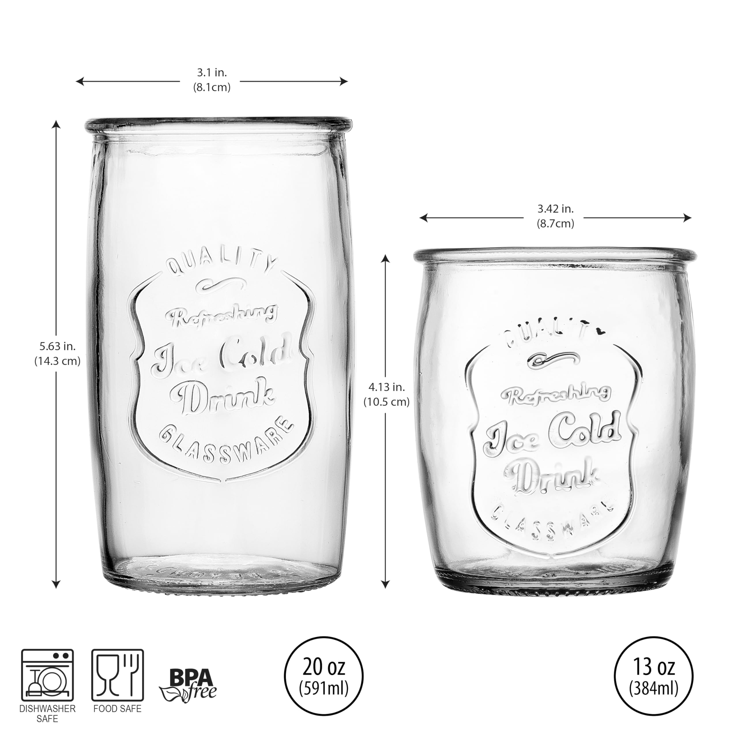 Glaver's Ice Cold - Juego de 8 vasos para beber de 4 a 20 onzas y vasos de whisky de 4 a 13 onzas para uso diario en el hogar, cerveza, jugo, cóctel.