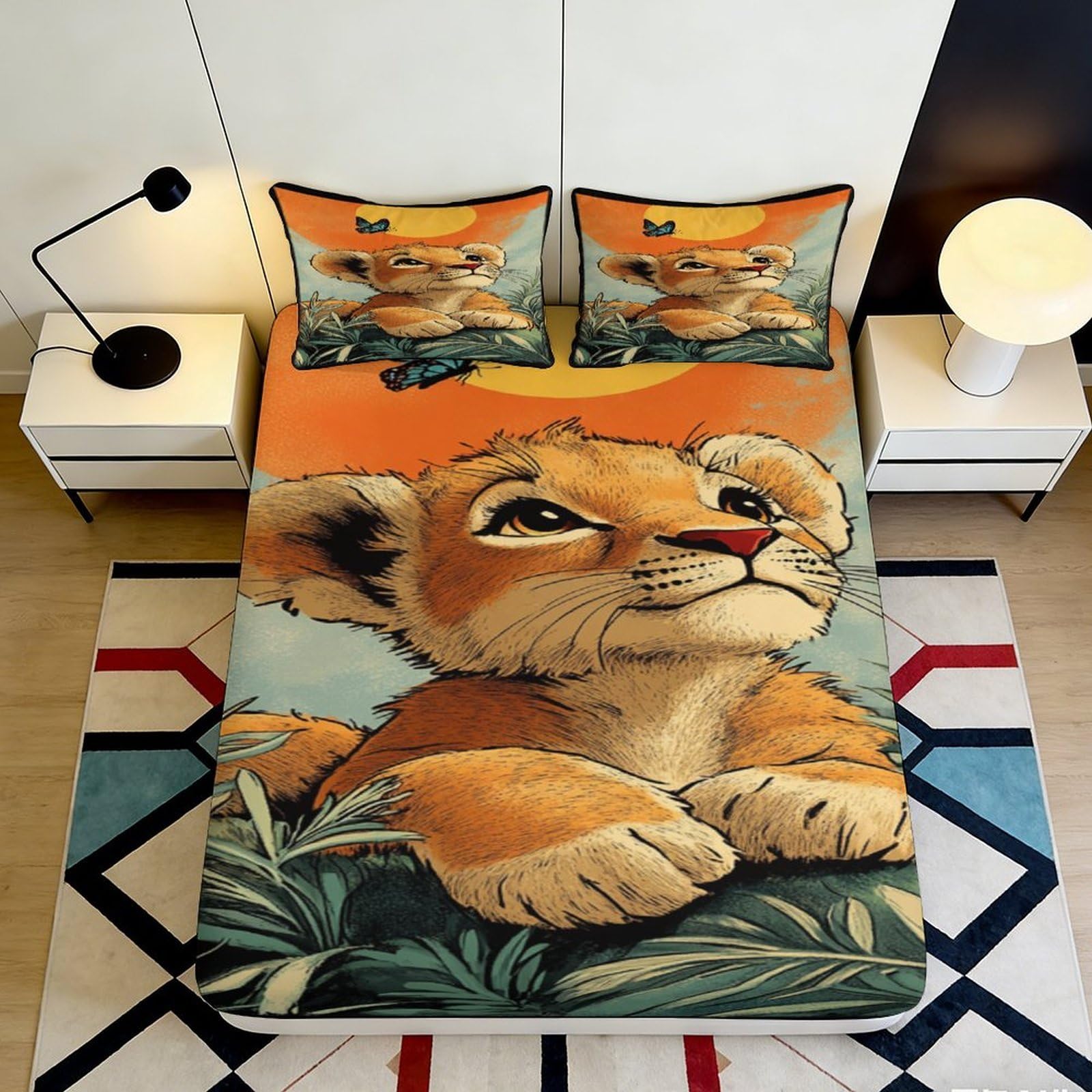 3D Printed Lion Cub Fitted Sheet Microfiber Orange Sunset Mattress Cover Anti-Slip Washable for Bedroom Guest Room 90x200x25cm