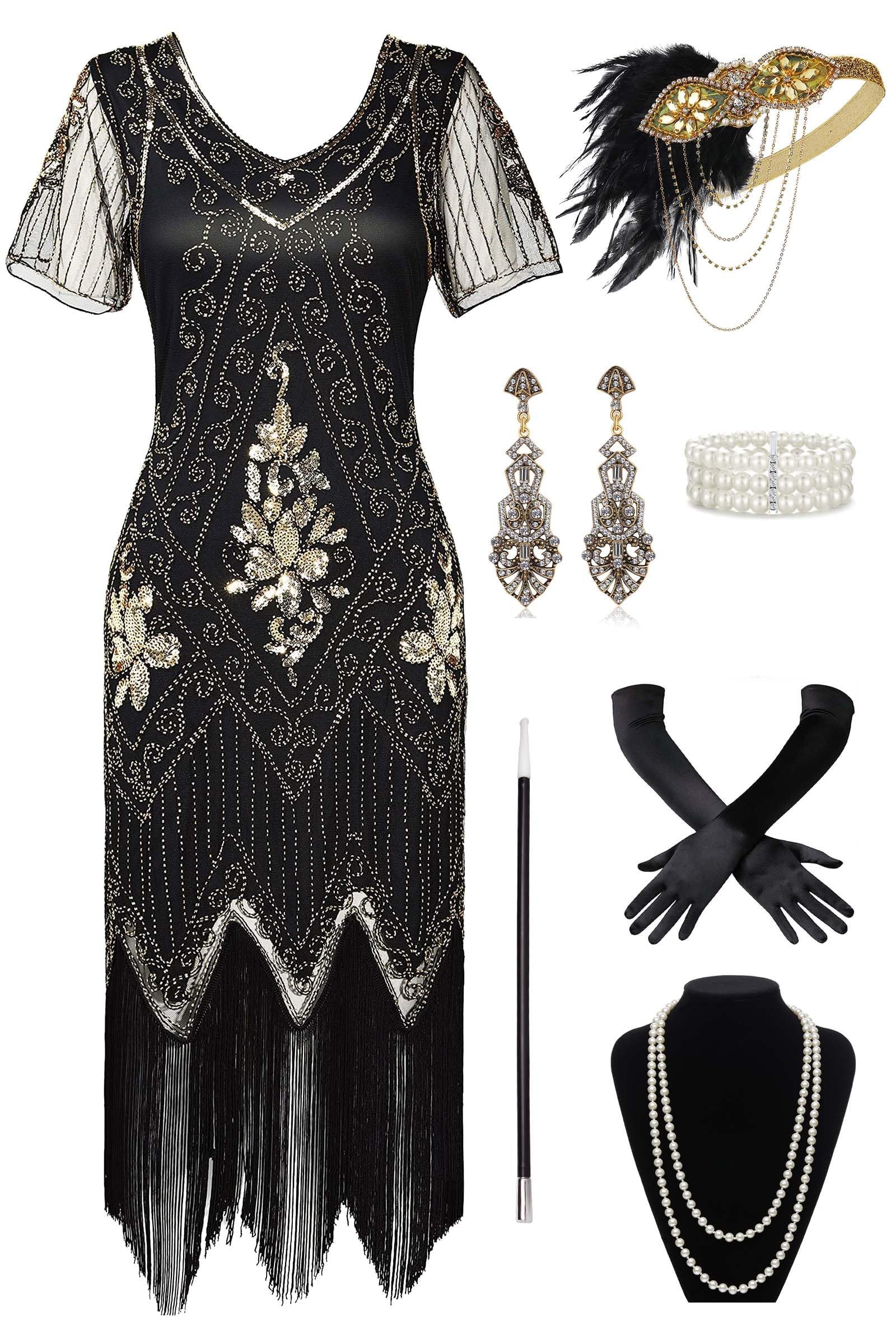 BABEYOND Damen 1920er Jahre Flapper Kleid mit Gatsby Motto Party Kostüm Set