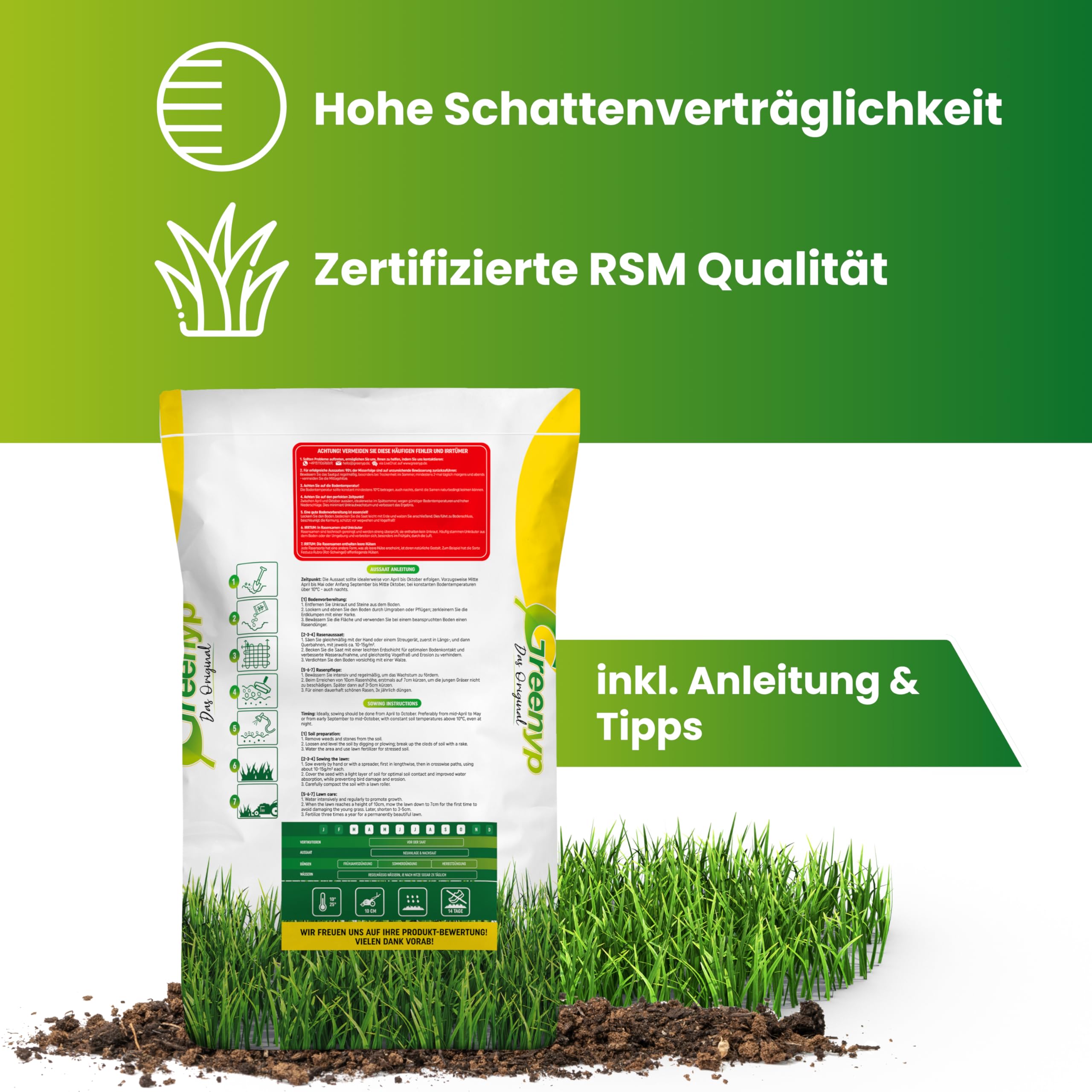 Greenyp® Ultimate I Premium RSM - Erba ombreggiata con 100% RSM, 5 kg per 200 m², seme di erba, seme di erba per luoghi ombreggiati e asciutti