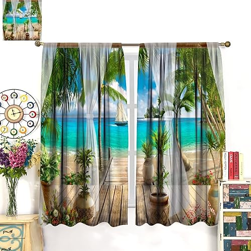 Miniatura 3 de Cortinas opacas de paisaje tropical, plantas de árbol de coco, flores, playa con bolsillo para barra, juego de 2 paneles para decoración de