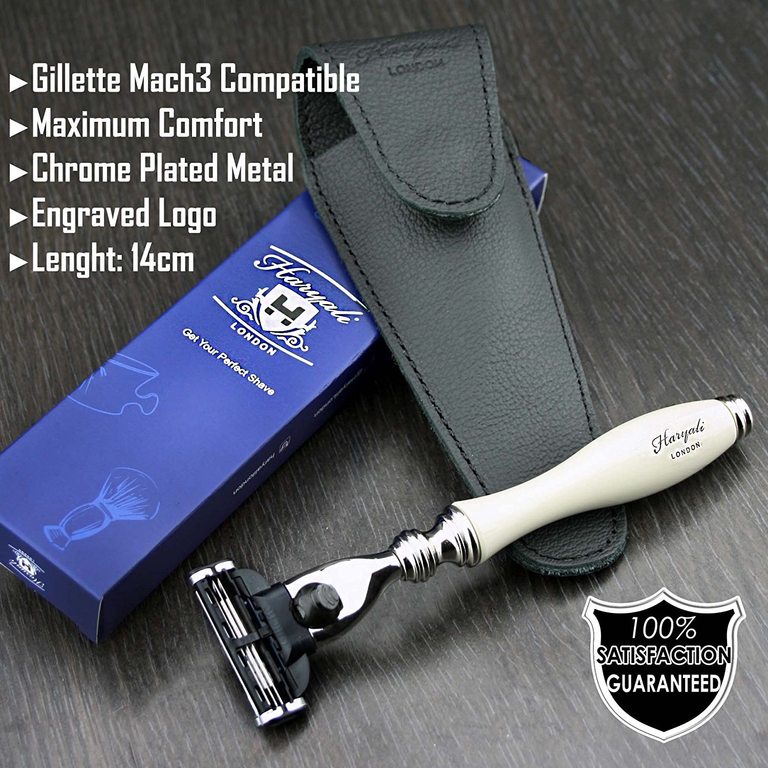 Maquinilla de afeitar de tres cuchillas para hombre en marfil con funda de piel auténtica | Afeitado y cuidado de hombre > Esenciales de viaje para hombre – Set de regalo