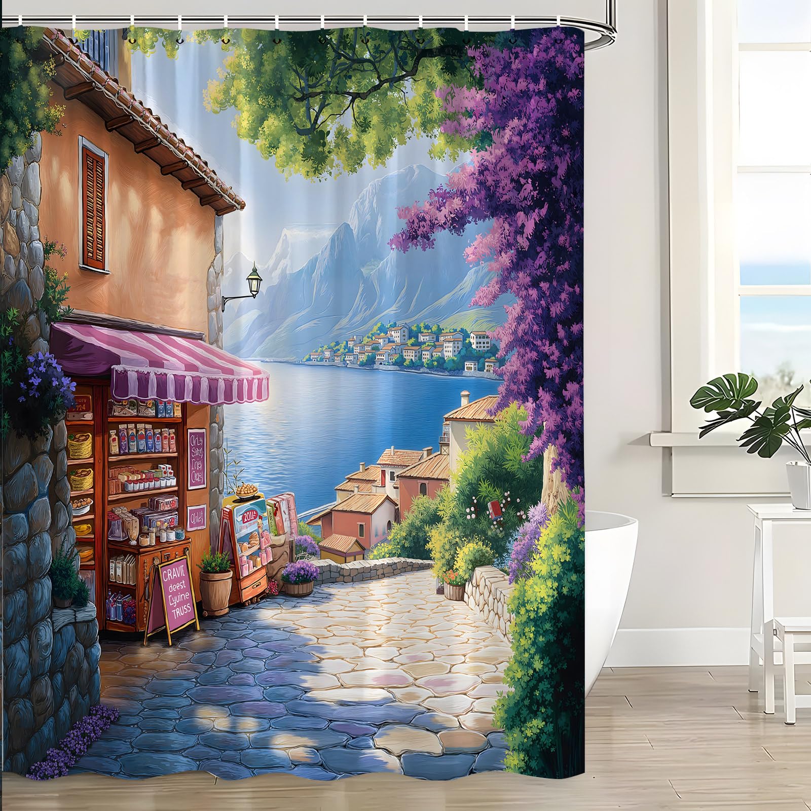 UPUMKSK Italy Shower Curtain Vintage Italian Street City Scene Blue Ocean Beach Mountain Mediterranean Town Landscape European Architecture Sea Scenery Bath Curtain with Hooks