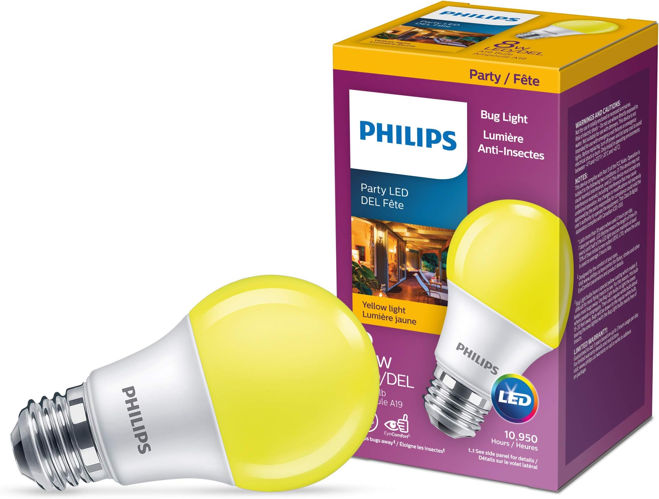 Philips 463257 LED 8Watt A19 Yellow NonDimmable Bulb, Bug Light, LED