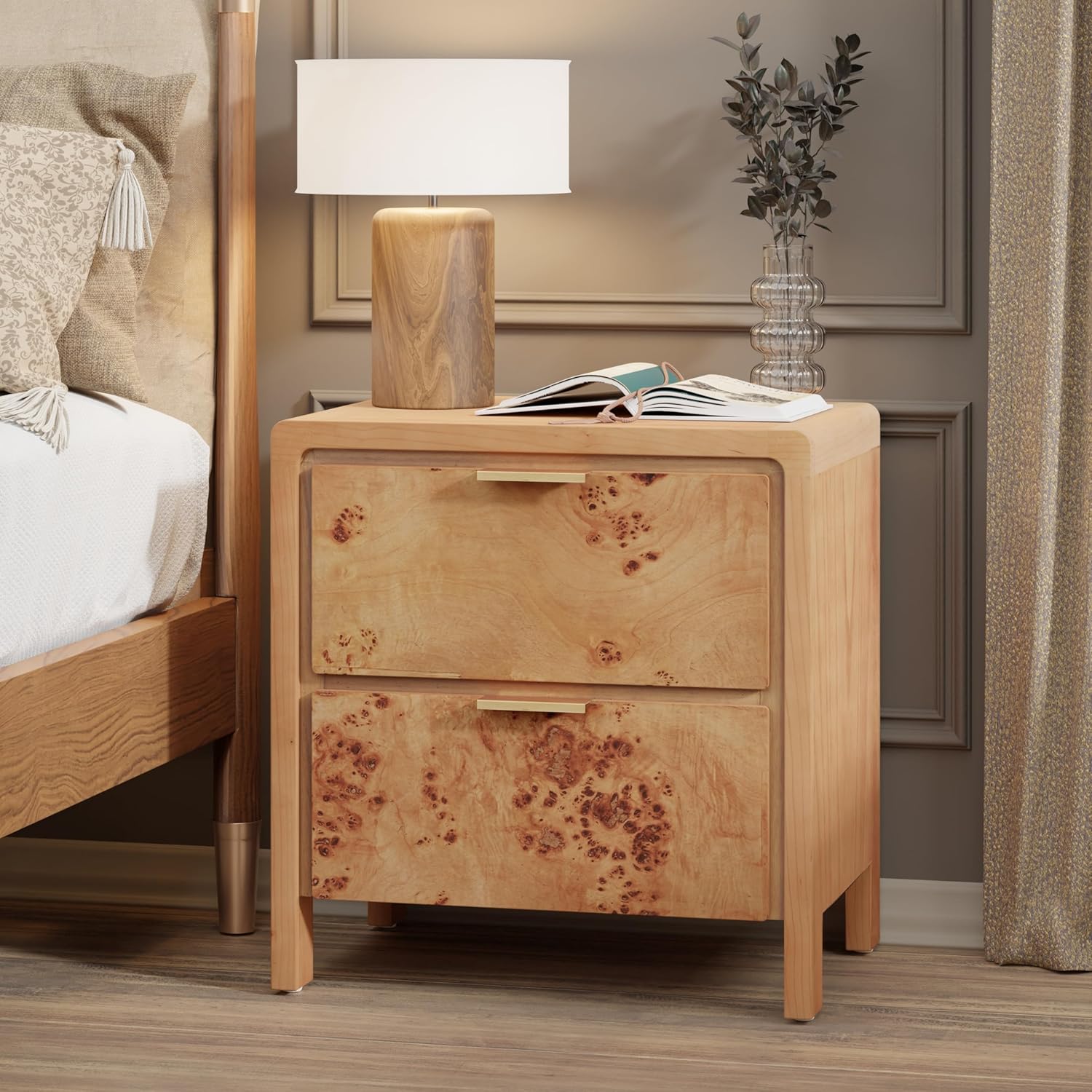 COZAYH Farmhouse Nightstand Set of 2 with Drawer, Distressed Wood Retro Accent Bedside Table, Fully Assembled Side Table for Bedroom, Rustic, Natural, Burl