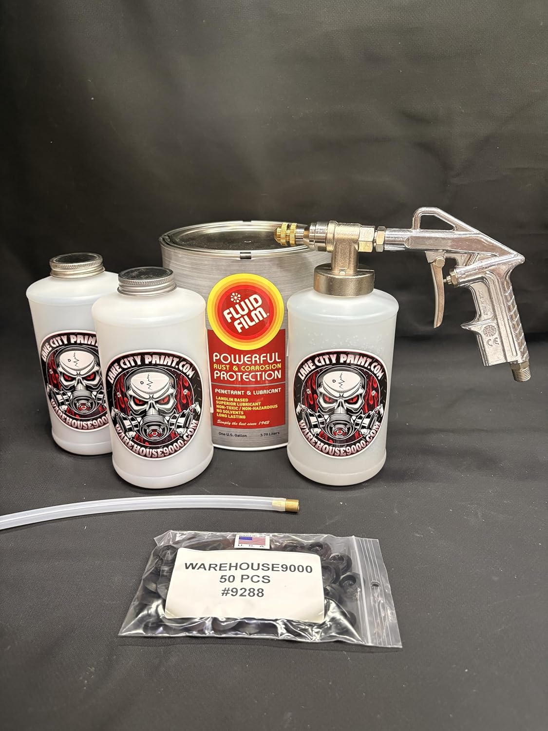 Amber FF Lanolin Undercoating Fluid Gallon, Pro Undercoating Gun, Straight Wand, 3 Empty Quart Bottles, and 50 Rust Plugs