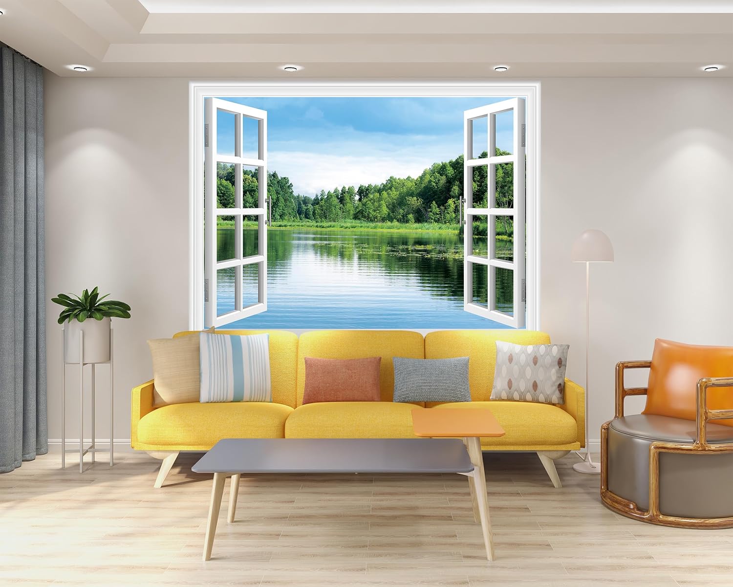 FLFK Fake Window Wall Sticker, Lake Forest Nature View Peel and Stick Mural, White Frame, Self-Adhesive Removable Decal, 80 x 60 Inches, Easy Peel and Stick, for Home, Office, Bedroom Decor