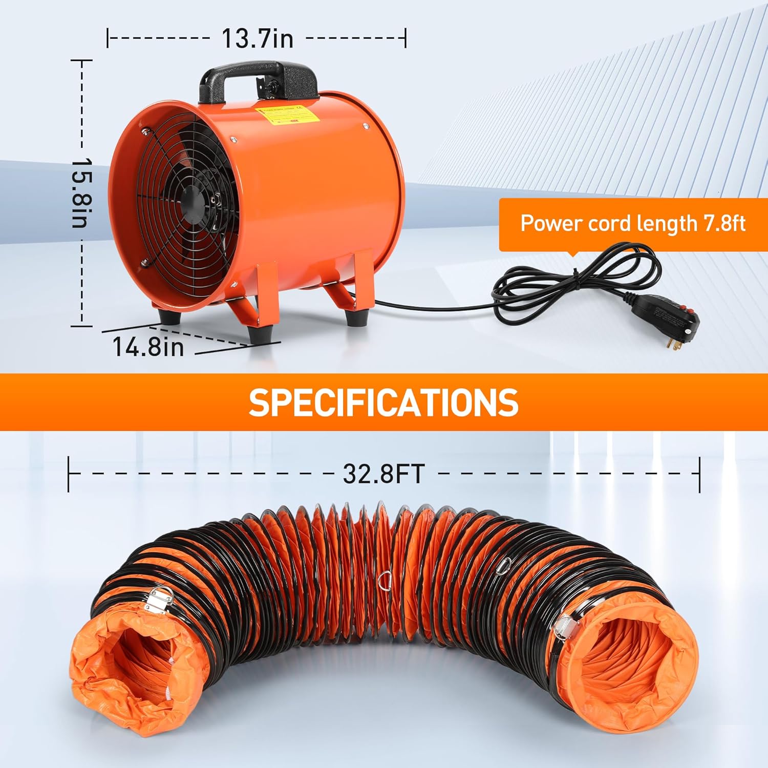 Rengue Utility Blower/Exhaust with 32.8ft Hose Fan, 1900 or 2800r/min Two Modes Heavy Duty Blower Fan 12 Inches High Velocity Ventilation Extraction with Duct Hose