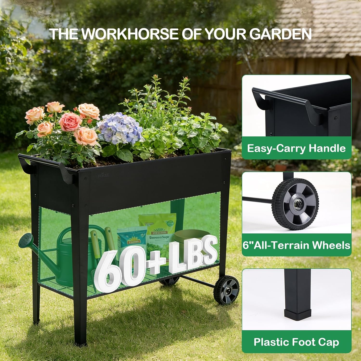 2-Pack 32”Height Elevated Raised Garden Bed with Wheels & Storage Shelf, 400 Lbs Capacity, Anti-Rust, Space-Saving Planter for Vegetables, Herbs, Patio, Balcony, Backyard