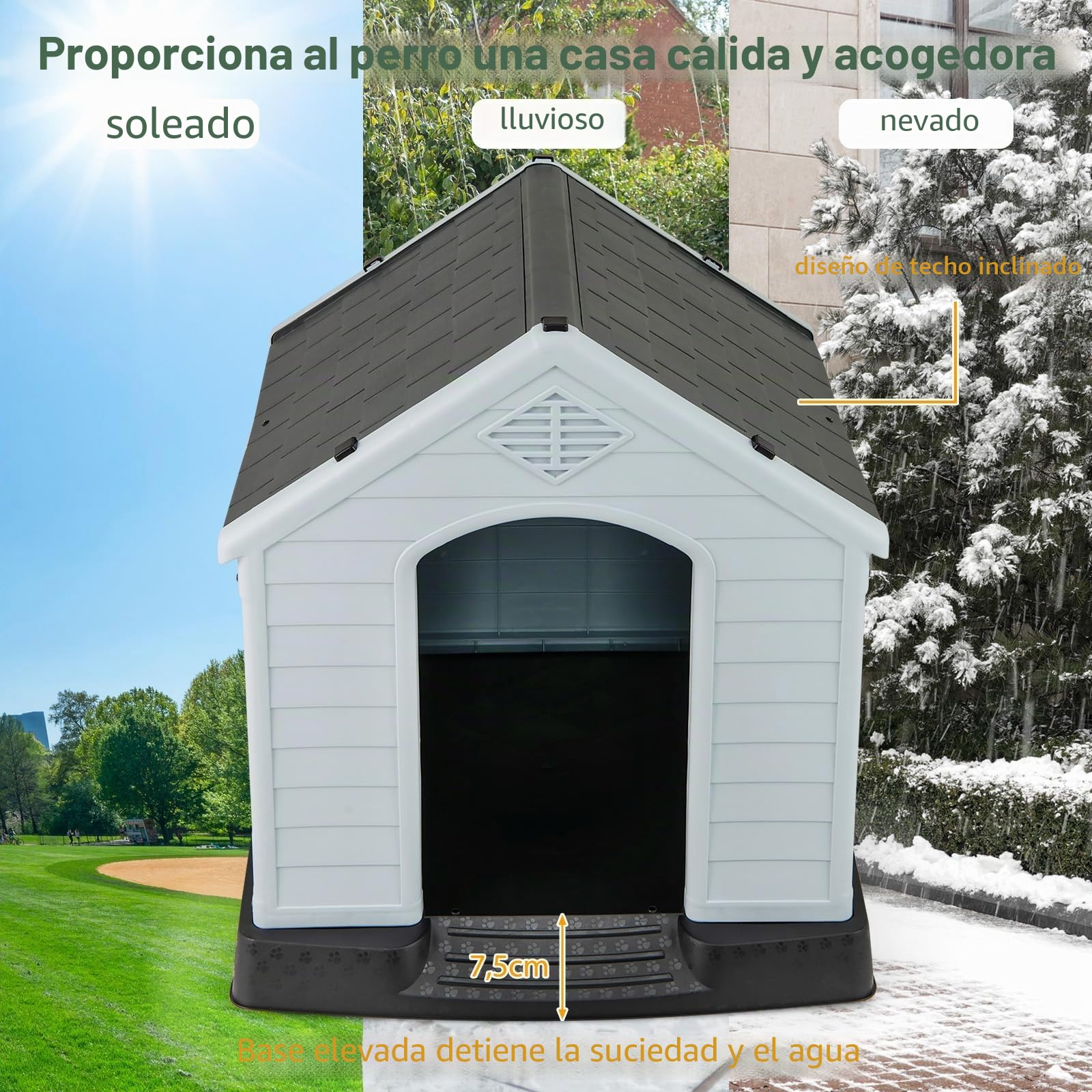 FANTASK Caseta para Perros de plástico para Exteriores, Cueva para Perros con Suelo Elevado y Techo Impermeable, para jardín, Interior y Exterior (70 x 65 x 71,5 cm, Gris)
