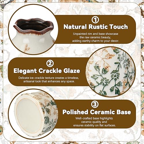 Miniatura 4 de 1 jarrón vintage verde y beige rústico de cerámica chinoiserie floral agrietado para el hogar, estantería, sala de estar, mesa, centro de mesa,
