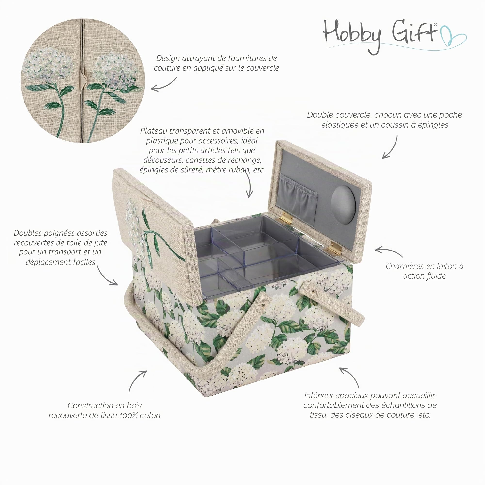 Hobby Gift Grande boîte de rangement pour travaux de couture, double couvercle, 25 x 25 x 17 cm, Hortensia