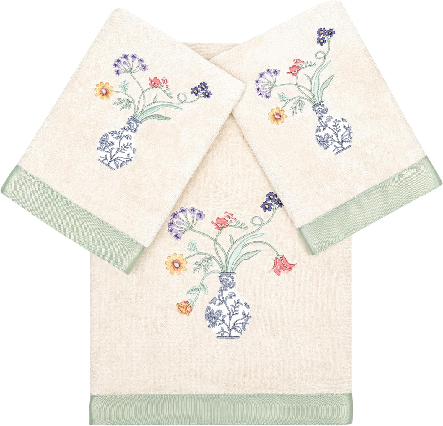 Floret 2-Piece Hand Towel Set, Lustrous Bengaline Border, Turkish Cotton, Soft & Plush, Ideal for Daily Use, 2 Hand Towels, Aqua