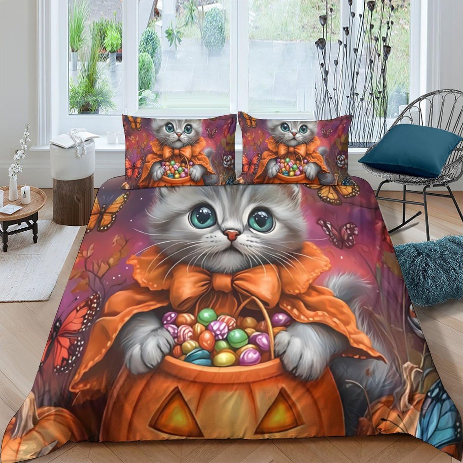 Ctjqhvkz Style-6 3D Printed Halloween Cat Fitted Sheet Microfiber Orange Pumpkin Candy Bed Cover For Bedroom Decoration Single（135X200cm）