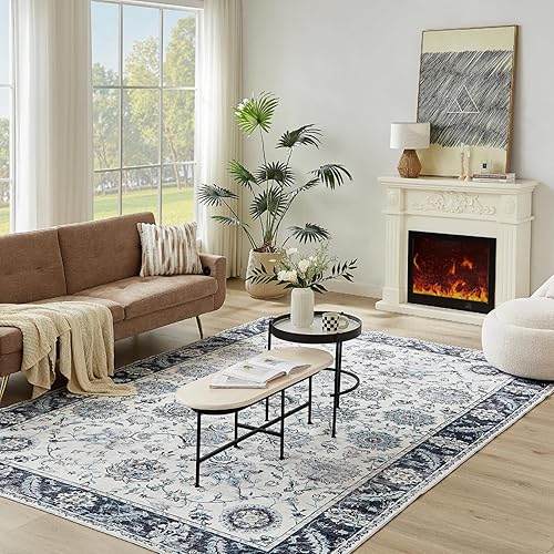 Floralux Alfombra para sala de estar, alfombra lavable de 4 x 6, gris, bohemio, ultrafina, antideslizante, no desprende pelusa, para dormitorio,