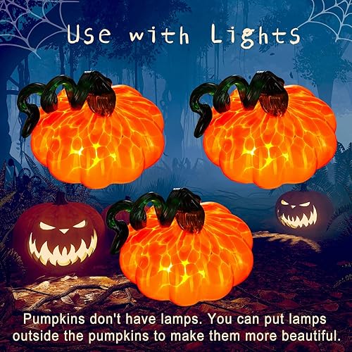 Miniatura 4 de Calabazas de vidrio de 4 pulgadas, 3 piezas de decoración de calabaza de vidrio soplado de Halloween, centro de mesa de otoño, decoración de figura