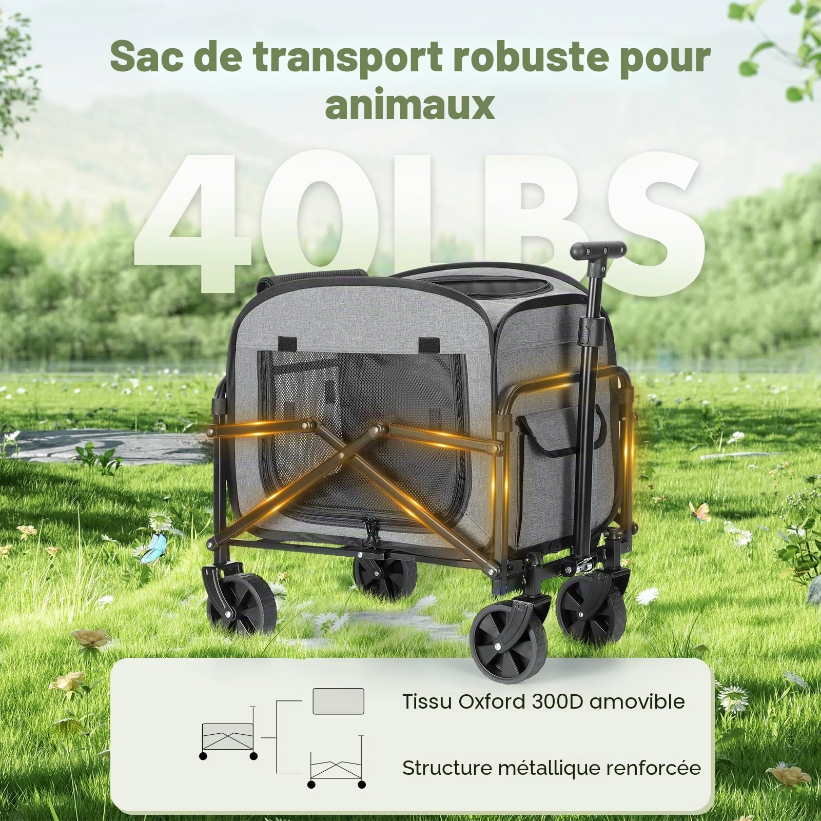 Transporteur de chien avec roues - Grande poussette pour chiens et chats - 18 kg - Carrosse à roulettes avec grandes roues tout-terrain (gris)