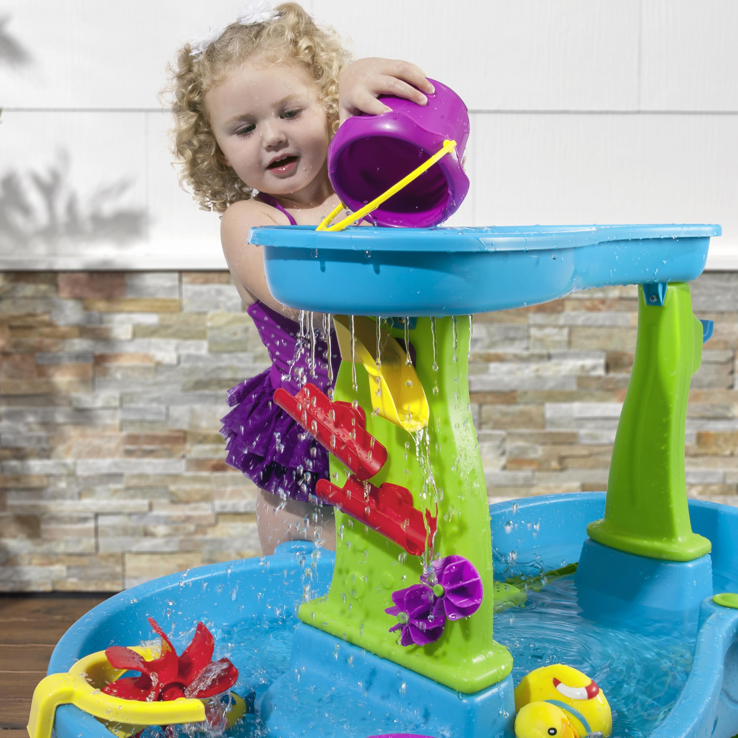 Step2 Rain Showers Mesa de Agua y Arena, Azul y Verde, 13 Accesorios, Juegos de Agua para Niños