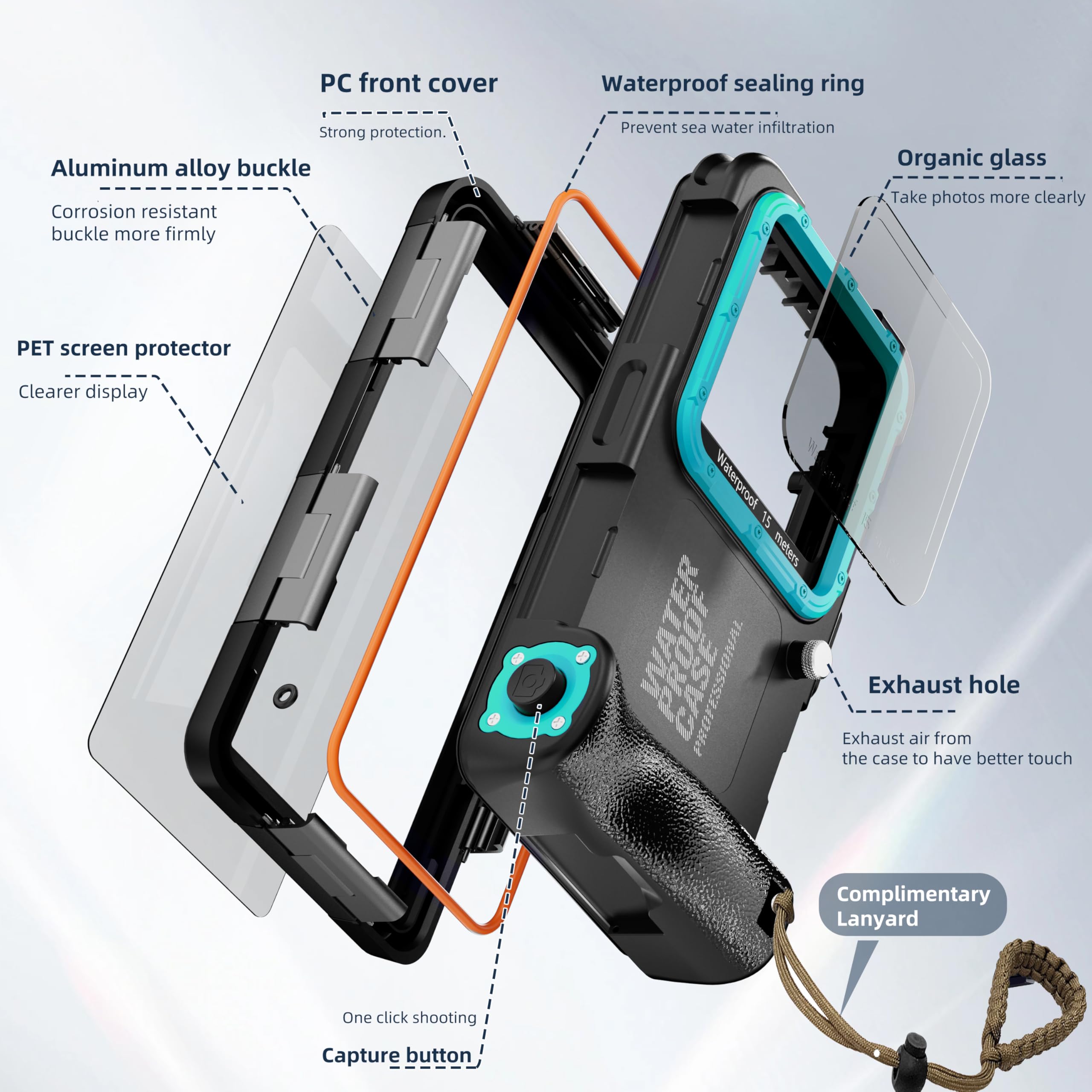 Boîtier de plongée sous-marin pour iPhone 17/16/15/14/13/12/11 Pro Max/XR/XS et plus - Protection professionnelle - 15 m - Pour la plongée en apnée, le surf, les photos et les vidéos (noir/bleu-vert)