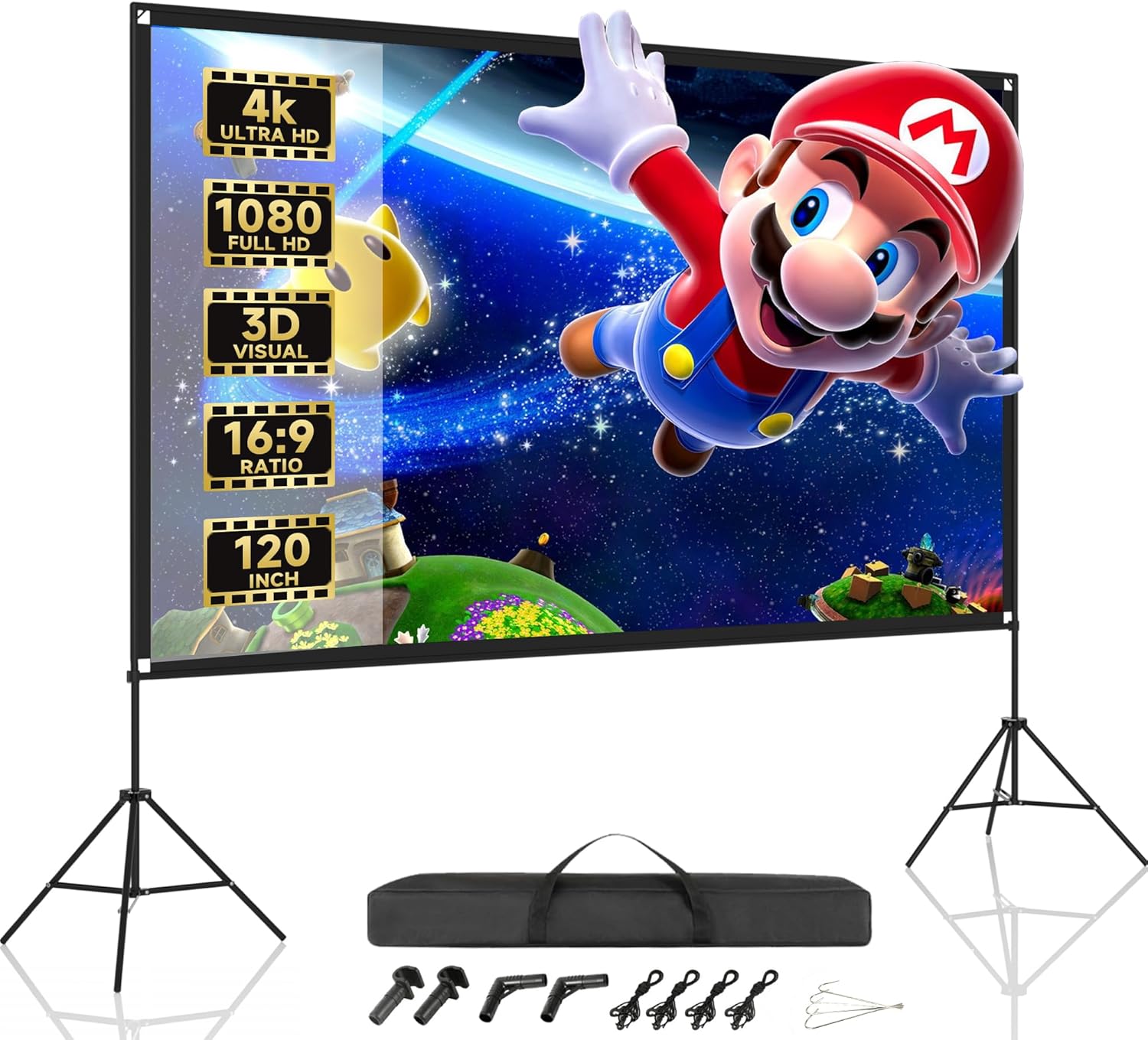 120" Outdoor Movie Screen with Stand, Foldable HD 4K Anti-Crease Projector Screen for Outdoor/Indoor Use, Bedroom, Parties,Backyard Meeting - Come with Carry Bag
