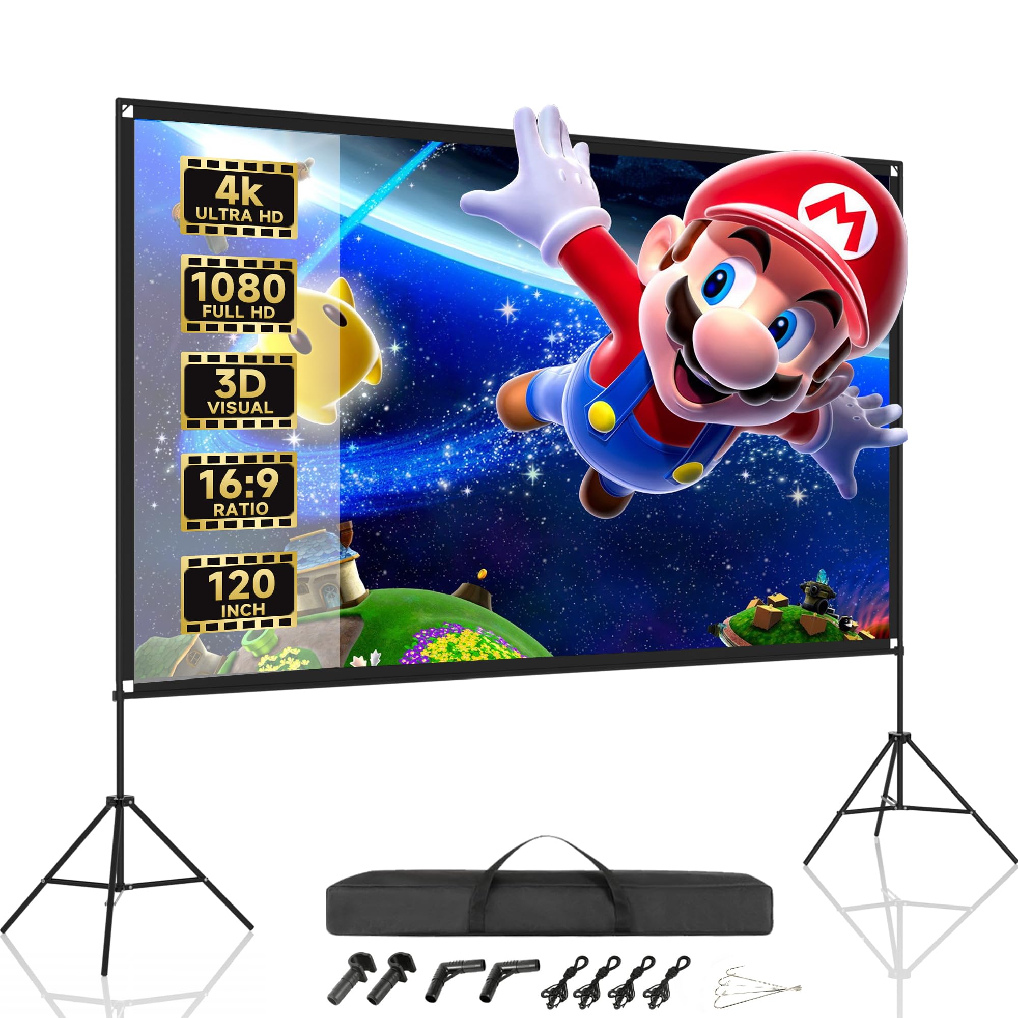 120" Outdoor Movie Screen with Stand, Foldable HD 4K Anti-Crease Projector Screen for Outdoor/Indoor Use, Bedroom, Parties,Backyard Meeting - Come with Carry Bag