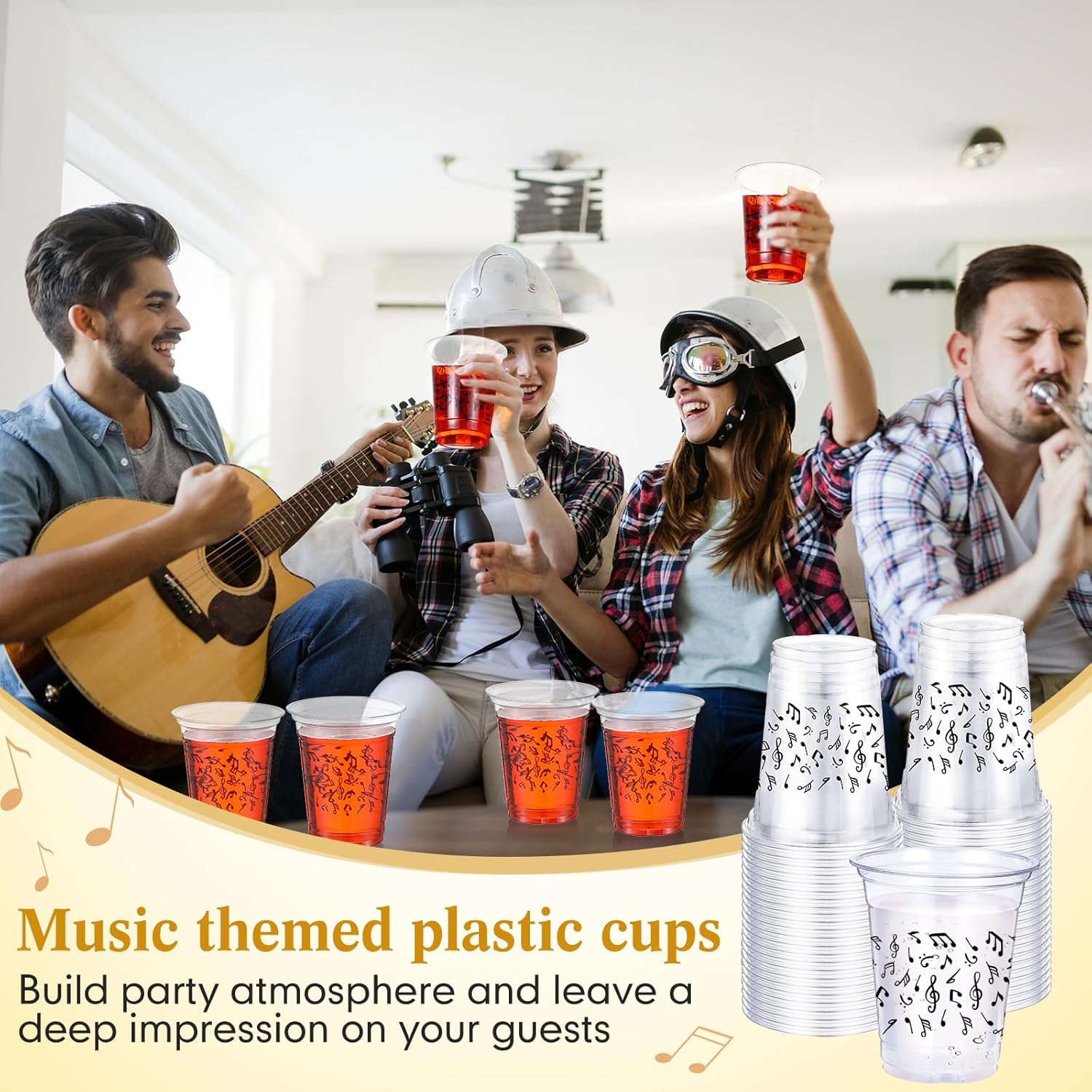 Funnymoom 60 Pack Music Notes Cup 12 oz Disposable Clear Plastic Musical Cups for Men Women Music Birthday Party Decorations Favors Wedding Anniversary