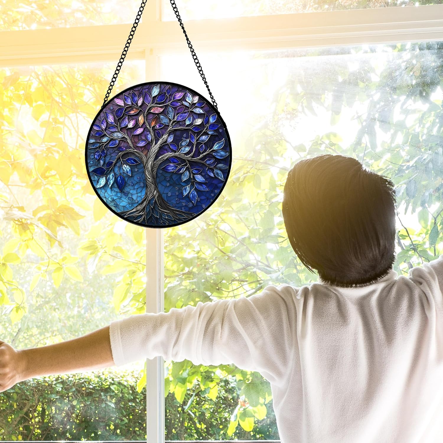 Stained Glass Window Hanging, Blue Purple Tree of Life Sun Catchers Colorful Glass Panel Plants Suncatcher Decor for Birthday for Women,Men,Wife, Lovers, and Mom 6.3 in - Image 3